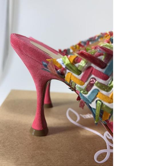 Meroine Pink Rainbow Woven 85mm raffia fringe heels mules D974 - Picture 11 of 11